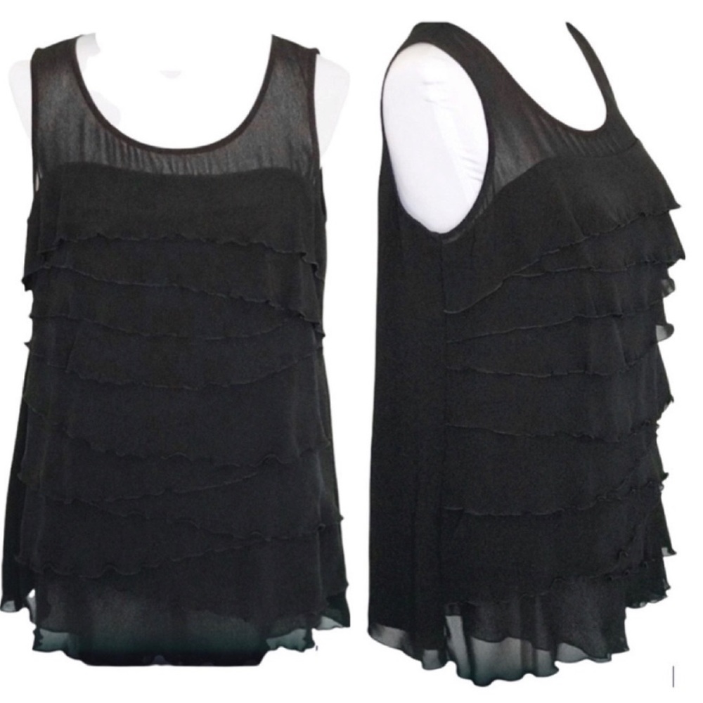 Nicole Miller Black Sheer Tiered Ruffle Scoop Neck Sleeveless Top Size Medium